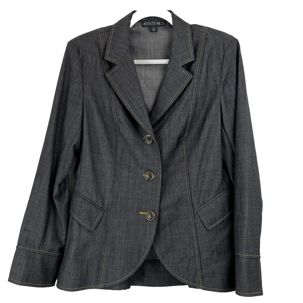 Lafayette 148 New York Blazer Women 8 Wool Contrast‎ Stitch Charcoal Chambray